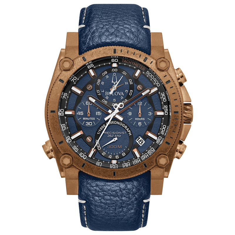 Bulova Mens Precisionist Rose Gold Plated Leather-97B186_CAJESS_TIME_ZONE