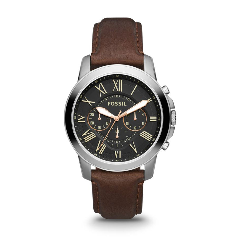 Fossil Men's FS4813 Grant Brown Leather Band Watch - Black